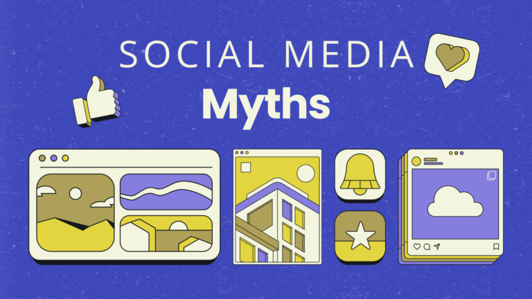 Illustration of a small business owner debunking social media myths, showcasing effective strategies for social media marketing success.